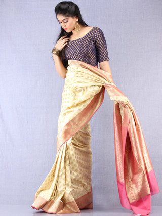 Banarasee Semi Silk Saree With Zari Border - Off White Pink & Gold  - S031704346