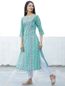 Sea Green Blue Purple Coral Hand Block Printed Cotton Kurta - K185F1896