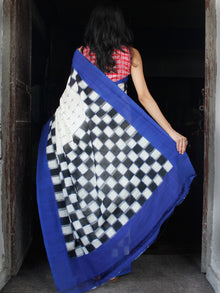 Off White Blue Double Ikat Handwoven Cotton Saree - S031703548