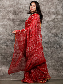 Red White Hand Block Printed Chiffon Saree with Zari Border - S031703211