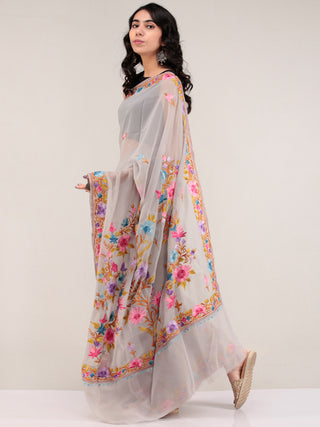 Grey Aari Embroidered Georgette Saree From Kashmir - S031704662