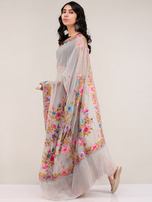 Grey Aari Embroidered Georgette Saree From Kashmir - S031704662