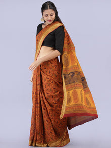 Mustard Red Black Bagh Printed Maheshwari Cotton Saree - S031704270