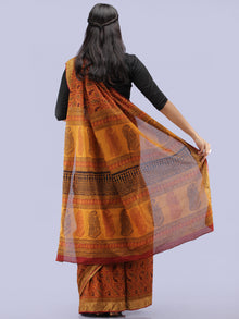 Mustard Red Black Bagh Printed Maheshwari Cotton Saree - S031704270