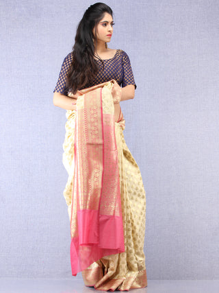 Banarasee Semi Silk Saree With Zari Border - Off White Pink & Gold  - S031704346