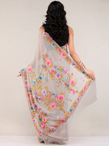 Grey Aari Embroidered Georgette Saree From Kashmir - S031704662