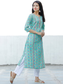 Sea Green Blue Purple Coral Hand Block Printed Cotton Kurta - K185F1896