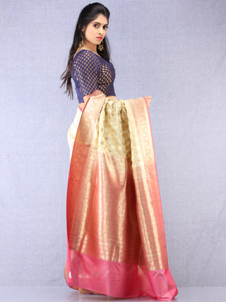 Banarasee Semi Silk Saree With Zari Border - Off White Pink & Gold  - S031704346