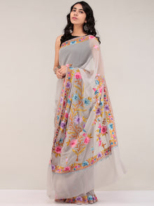 Grey Aari Embroidered Georgette Saree From Kashmir - S031704662