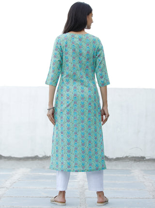 Sea Green Blue Purple Coral Hand Block Printed Cotton Kurta - K185F1896