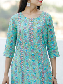Sea Green Blue Purple Coral Hand Block Printed Cotton Kurta - K185F1896