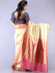 Banarasee Semi Silk Saree With Zari Border - Off White Pink & Gold  - S031704346