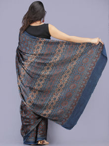 Indigo Black Maroon Ajrakh Hand Block Printed Modal Silk Saree - S031704198