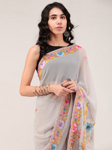 Grey Aari Embroidered Georgette Saree From Kashmir - S031704662