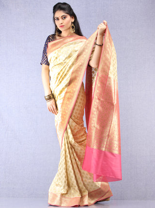 Banarasee Semi Silk Saree With Zari Border - Off White Pink & Gold  - S031704346