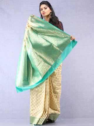 Banarasee Semi Silk Saree With Zari Border - Off White Green & Gold - S031704348