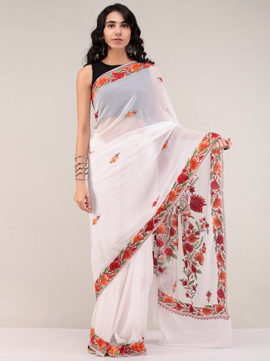 White Aari Embroidered Georgette Saree From Kashmir - S031704663