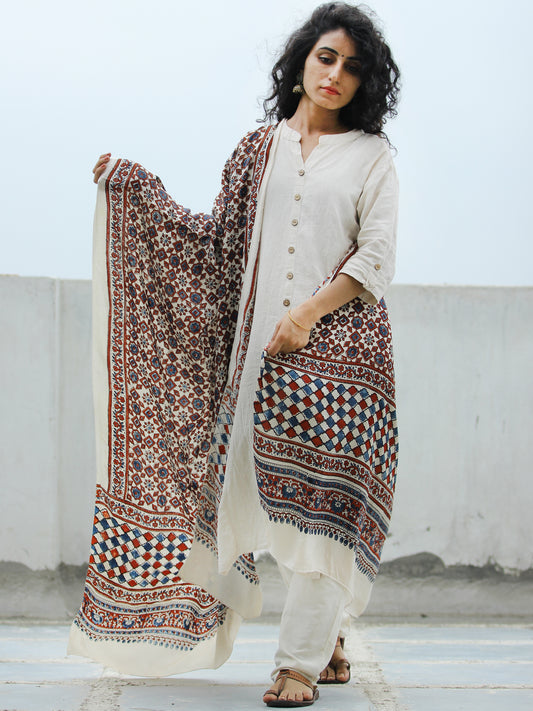 Ivory Indigo Red Ajrakh Hand Block Printed Modal Silk Dupatta - D04170338