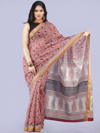 White Red Black Printed Maheshwari Cotton Saree - S031704271