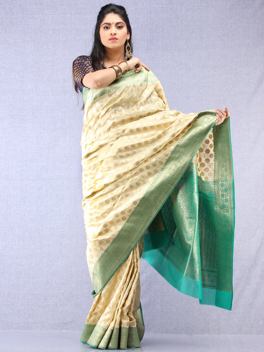 Banarasee Semi Silk Saree With Zari Border - Off White Green & Gold - S031704348