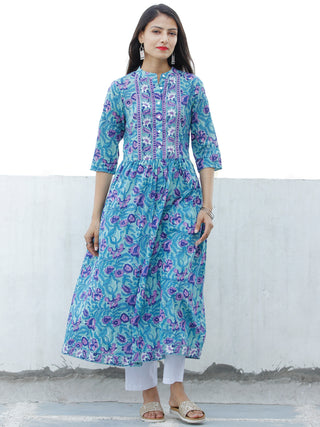 Light Green Lilac Indigo Hand Block Printed Cotton Kurta - K194F1897