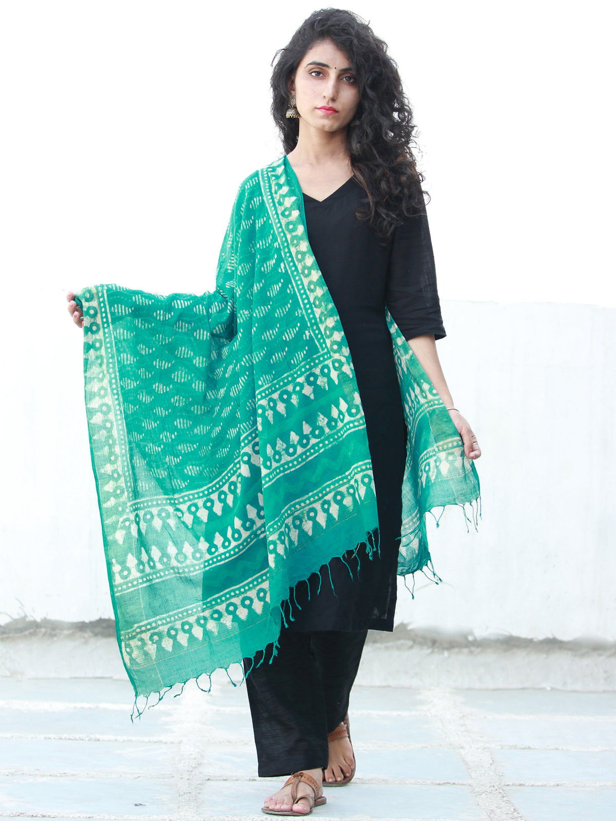 Green Ivory Chanderi Hand Block Printed Dupatta - D04170488