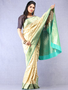 Banarasee Semi Silk Saree With Zari Border - Off White Green & Gold - S031704348