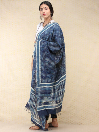 Indigo White Chanderi Hand Block Printed Dupatta - D04170726