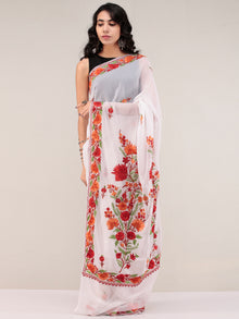 White Aari Embroidered Georgette Saree From Kashmir - S031704663