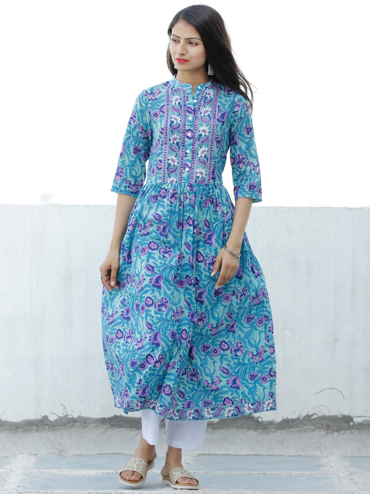 Light Green Lilac Indigo Hand Block Printed Cotton Kurta - K194F1897