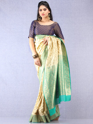 Banarasee Semi Silk Saree With Zari Border - Off White Green & Gold - S031704348