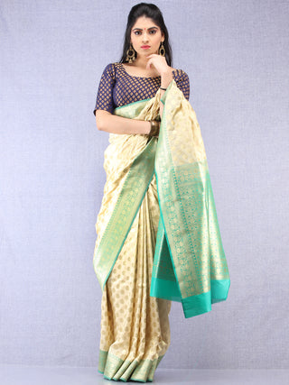 Banarasee Semi Silk Saree With Zari Border - Off White Green & Gold - S031704348
