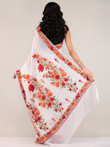 White Aari Embroidered Georgette Saree From Kashmir - S031704663