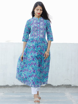 Light Green Lilac Indigo Hand Block Printed Cotton Kurta - K194F1897