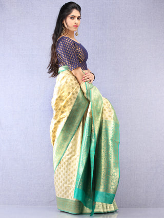 Banarasee Semi Silk Saree With Zari Border - Off White Green & Gold - S031704348