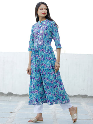 Light Green Lilac Indigo Hand Block Printed Cotton Kurta - K194F1897