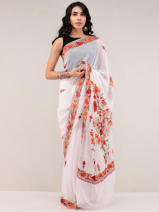 White Aari Embroidered Georgette Saree From Kashmir - S031704663