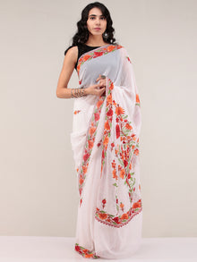 White Aari Embroidered Georgette Saree From Kashmir - S031704663
