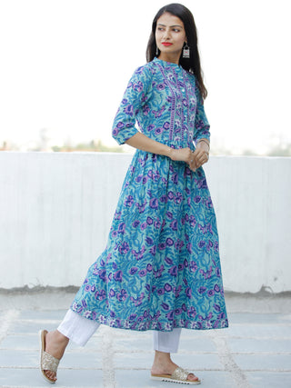 Light Green Lilac Indigo Hand Block Printed Cotton Kurta - K194F1897
