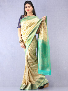 Banarasee Semi Silk Saree With Zari Border - Off White Green & Gold - S031704348