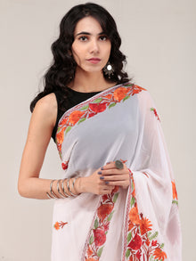 White Aari Embroidered Georgette Saree From Kashmir - S031704663
