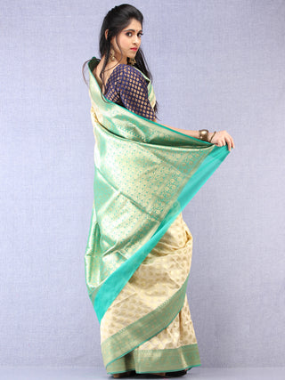 Banarasee Semi Silk Saree With Zari Border - Off White Green & Gold - S031704348