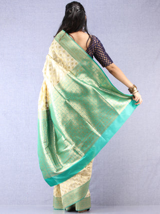 Banarasee Semi Silk Saree With Zari Border - Off White Green & Gold - S031704348