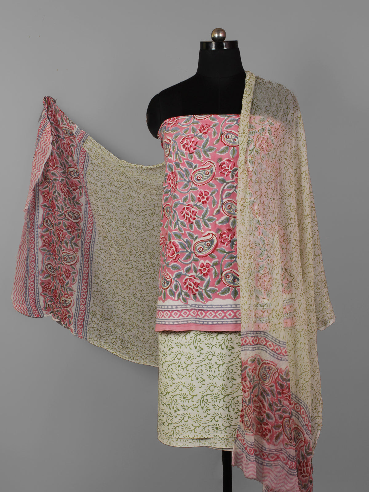Ivory Green Pink Hand Block Printed Cotton Suit-Salwar Fabric With Chiffon Dupatta (Set of 3) - S16281317