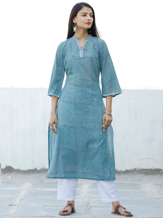 Sky Blue Rust Black White Hand Block Printed Cotton Kurta & White Pants - SS01F1909