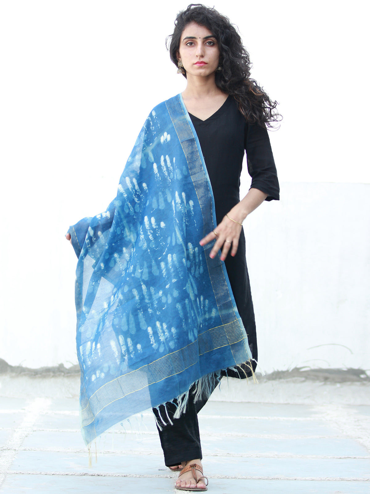 Indigo White Chanderi Hand Block Printed Dupatta - D04170487