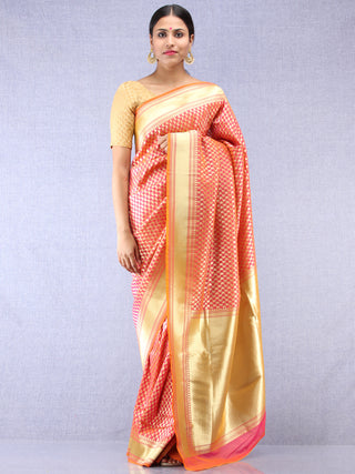 Banarasee Chanderi Silk Paisley Saree With Zari Border - Dual tone Orange Pink & Gold - S031704347