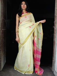 Pastel Yellow Pink Handwoven Linen Jamdani Saree With Fish Motif & Zari - S031703474