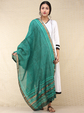 Green Black Chanderi Hand Block Printed Dupatta - D04170727