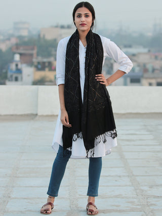 Black Jamavari Aari & Sequence Embroidered Pure Wool Kashmiri Stole - S200545